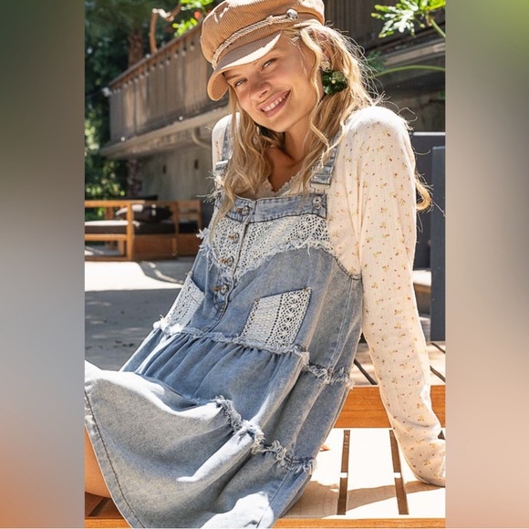 POL Denim Overall Dress Bohemian Frayed Details - Picture 9 of 10